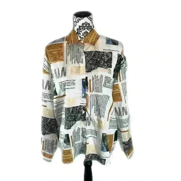 Newspaper All over Print Slogan Collared Button Front Drop Shoulder Blouse, L - Picture 11 of 13